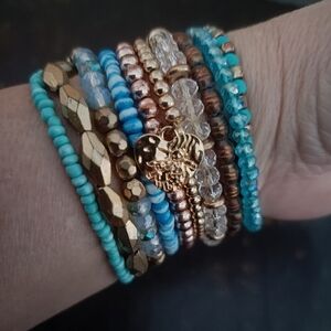 🟣Elegant Boho Turquoise/Gold/Tan Beaded Bracelet Set of 10